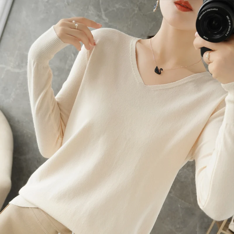 Women Sweater 2024 Spring Autumn Warm Winter Slim Fit Bottoming Shirt V-neck Korean Knitted Tops Casual High Strecth Jumpers