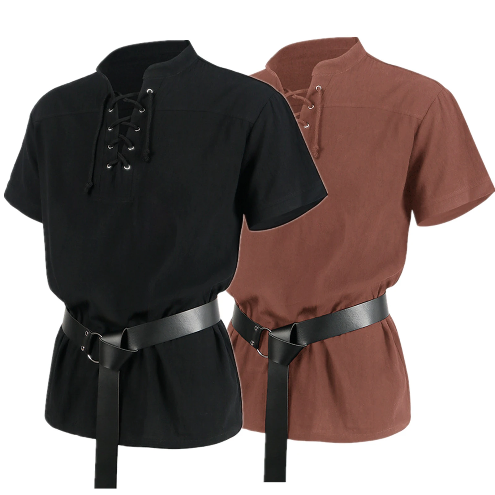 남성 할로윈 중세 바이킹 르네상스 의상 셔츠 조끼 반팔 레이스업 남성 해적 튜닉 코트 벨트 포함