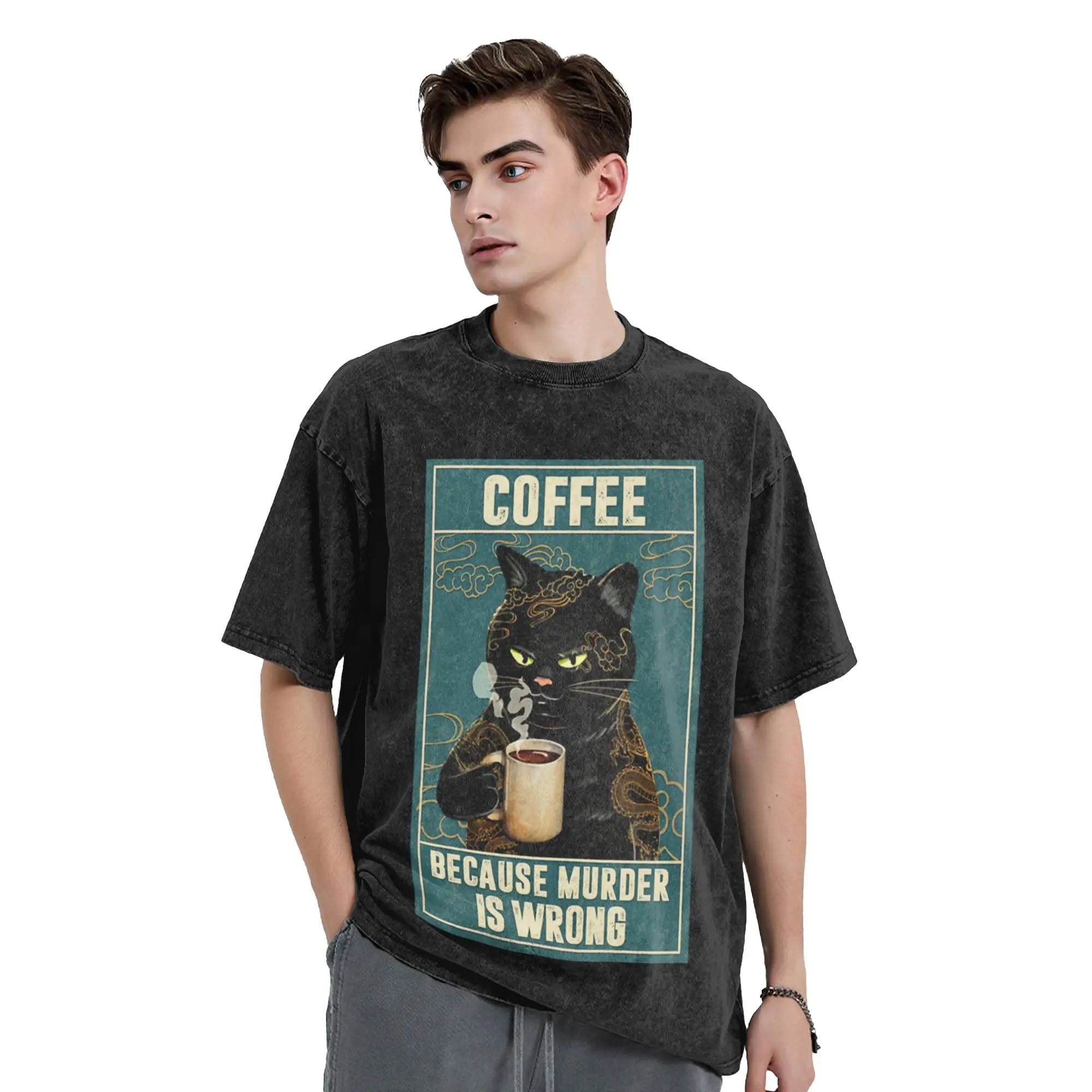 Cat Tattoo Coffee Because Murder Is Wrong Unique Stylish A Washed T Shirt Men's Women's Oversized Cotton Tees Tops