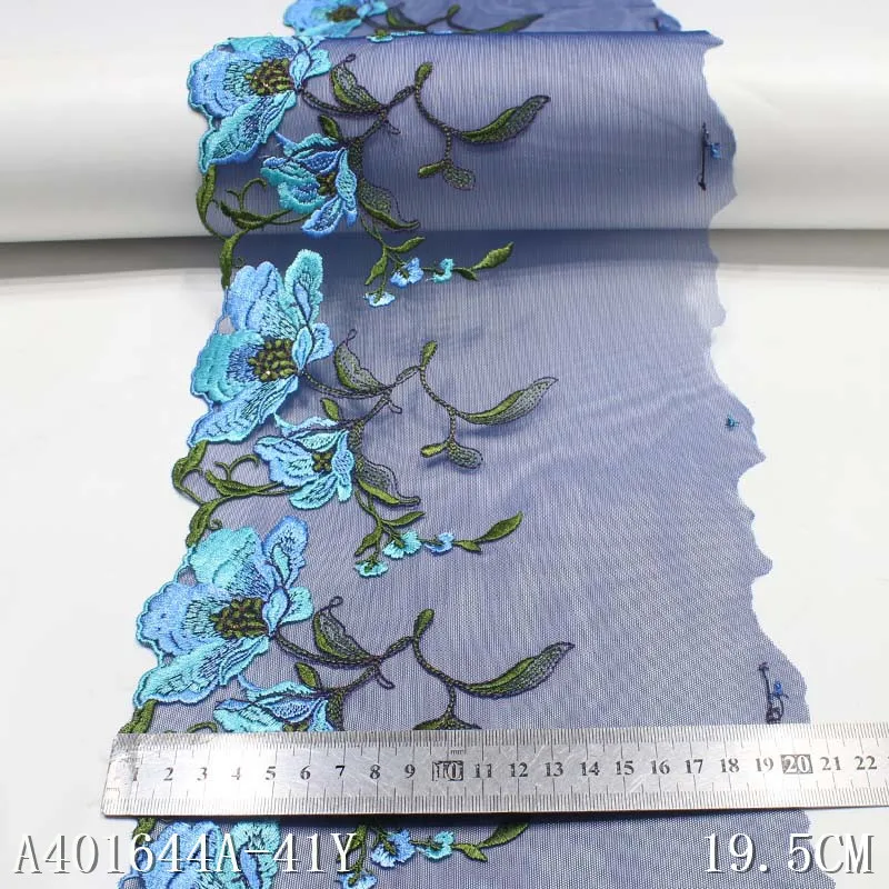 1 Yard 19cm wide Blue Soft Mesh Embroidery Lace Trimmings Dress Accessories Lace Fabric Sewing Crafts Doll Material