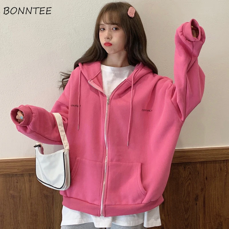 

Basic Jackets Women Autumn Ulzzang Harajuku New Fashion Pink Hoody Pockets Sweet Loose Casual BF Chaquetas Para Mujer Young Cozy