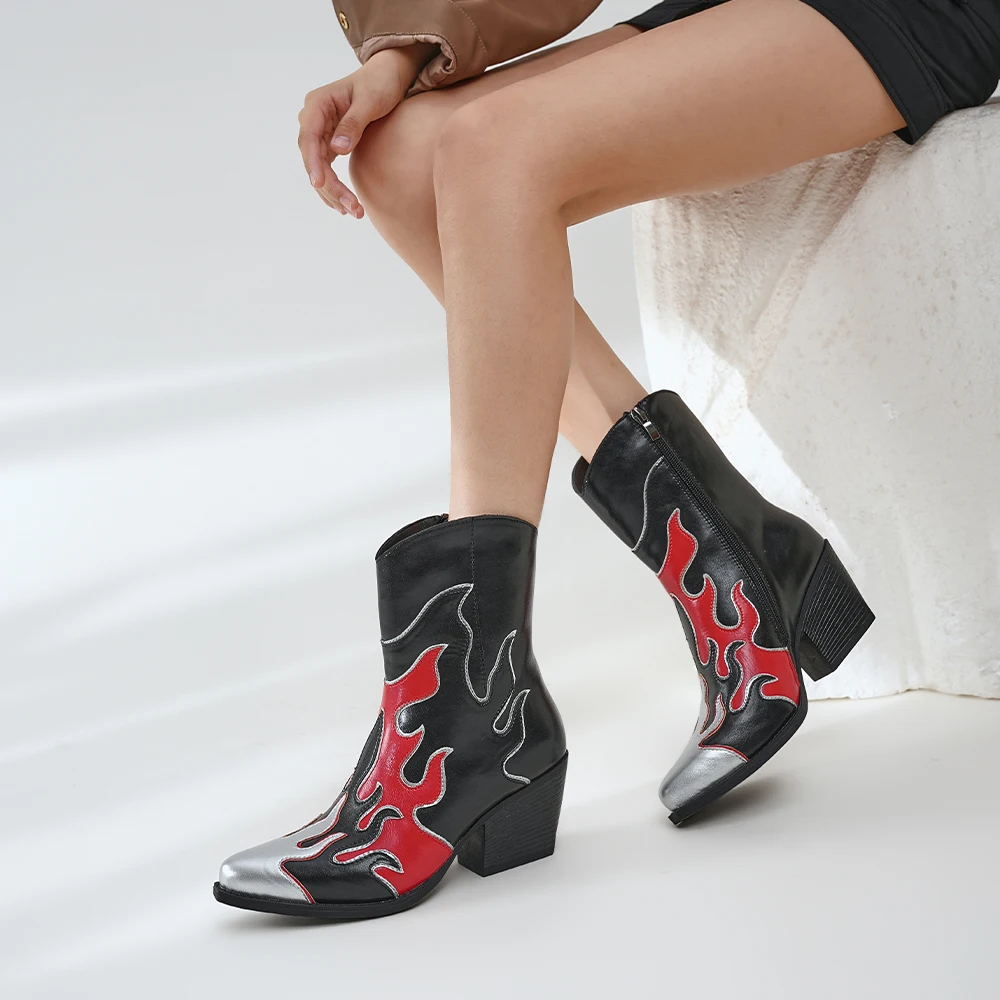 

2025 женские ковбойские сапоги в стиле вестерн, модные ковбойские сапоги с острым носком и вышивкой на блочном каблуке