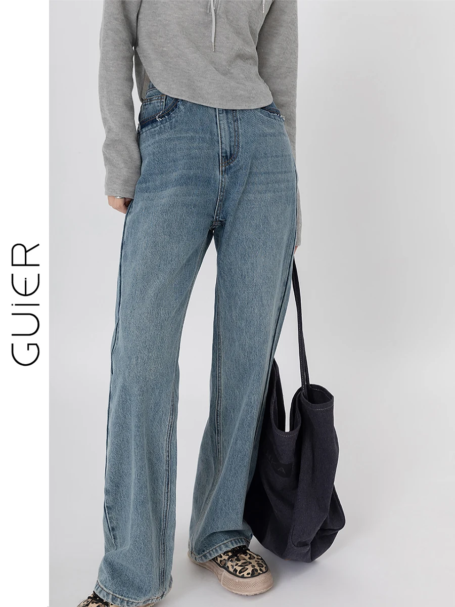 

Синие свободные прямые джинсы с высокой талией, женские весенне-осенние новые утягивающие широкие брюки, винтажные однотонные брюки с талией