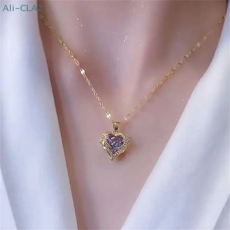 Fashion Ocean Heart Necklace Heart Angel Wings Colorful Crystal Pendant Chain Necklace Wedding Jewelry Gifts For Women Girls image 3