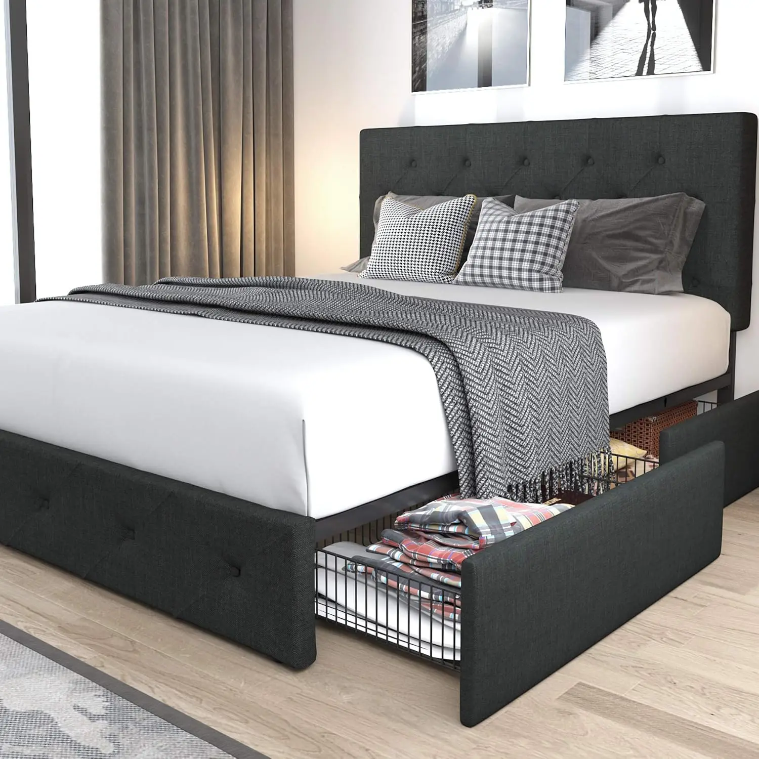 

Upholstered Queen Size Platform Bed Frame With 4 Storage Drawers And Headboard, Diamond Stitched Button Tufted, Mattr