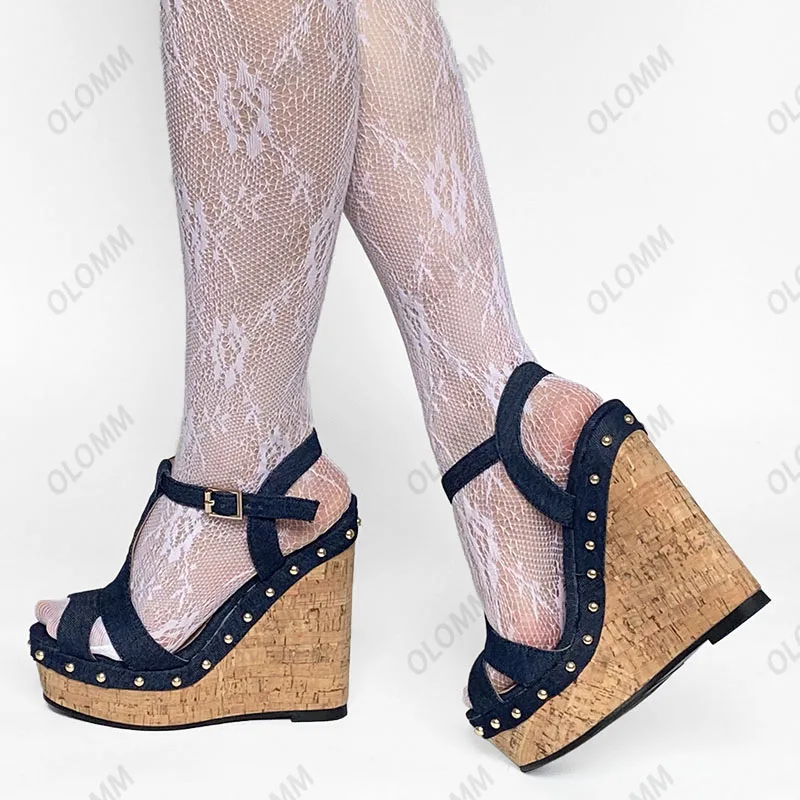 Olomm New Fashion Women Platform Sandals Denim Studded Wedges Heels Open Toe Black Blue Casual Shoes Women US Plus Size 5-20