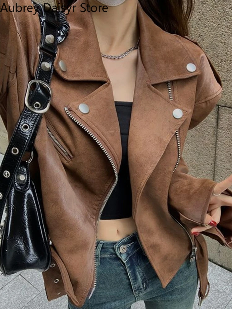 Winter Korean Brown Leather Jacket Women Streetwear Moto Biker Zipper Leather Coat Casual Outerwear Irregular Cropped Jacket New