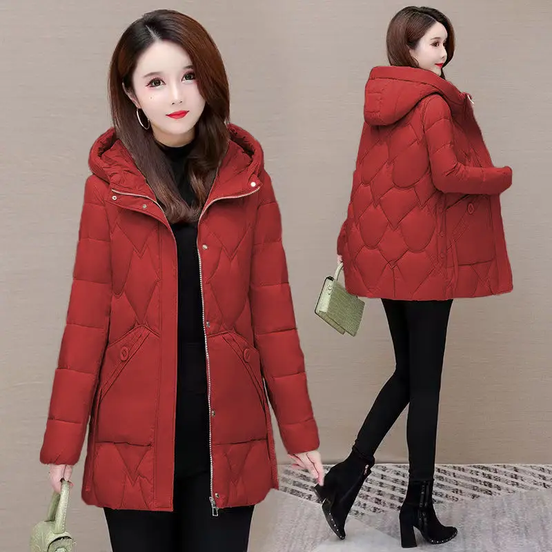 Womens Cotton-Padded Coat 2024 New Winter Puffer Jacket Mid-Length Warm Down Cotton Parkas Coat Mom Outwear Casual Hooded Jacket