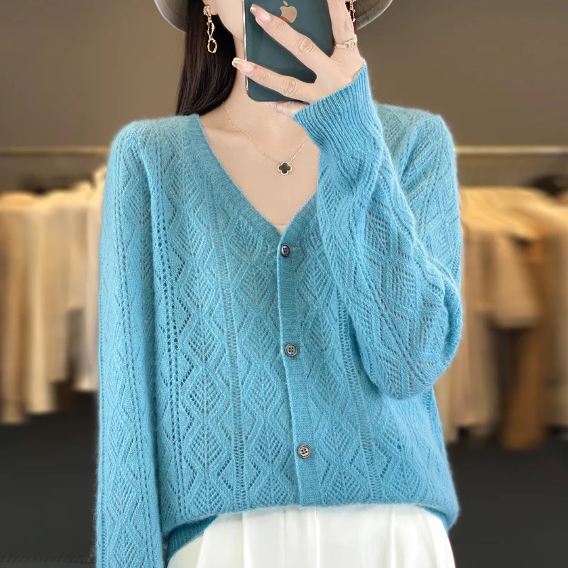 Women\'s V-Neck Spring and Autumn 100% Wool Cashmere Cardigan Women\'s Knit Sweater Super Soft Loose Large Size Long Sleeve Shirt