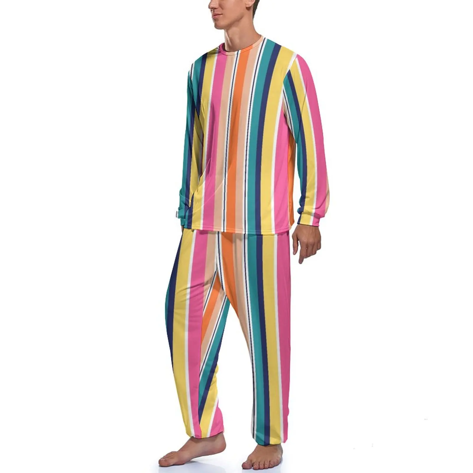 Bright Striped Pajamas Long Sleeve Colorful Stripes Print 2 Pieces Room Pajama Sets Autumn Men Graphic Cute Nightwear