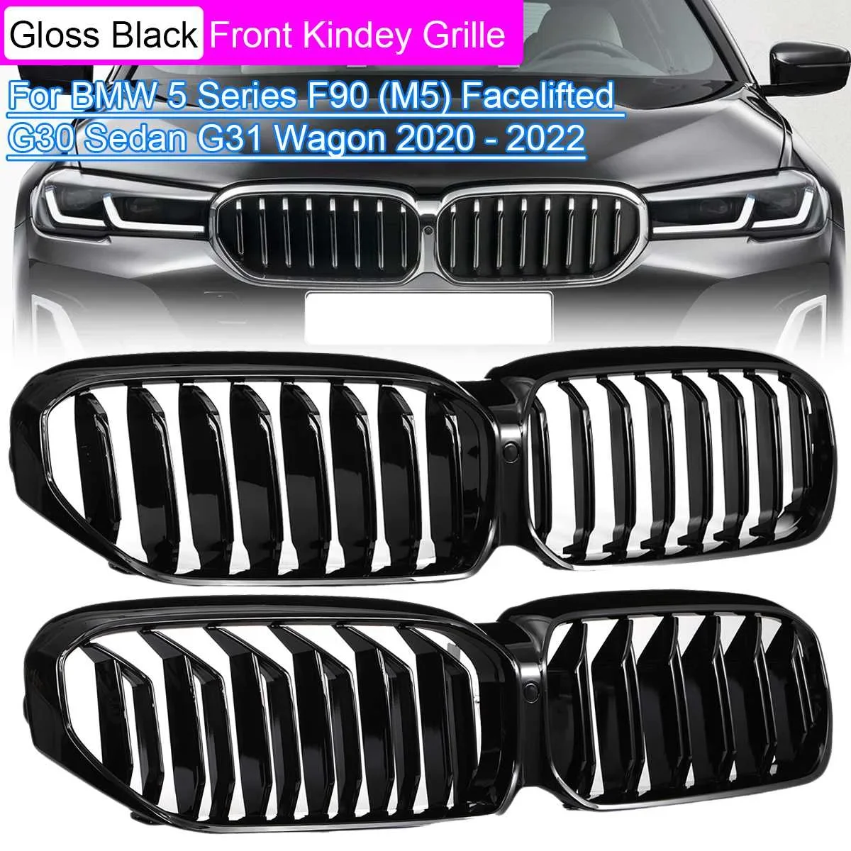 Pair Car Gloss Black front Kidney Grille Grill for BMW G30 G31 5 Series Sedan Wagon & F90 M5 2020 2021 2022