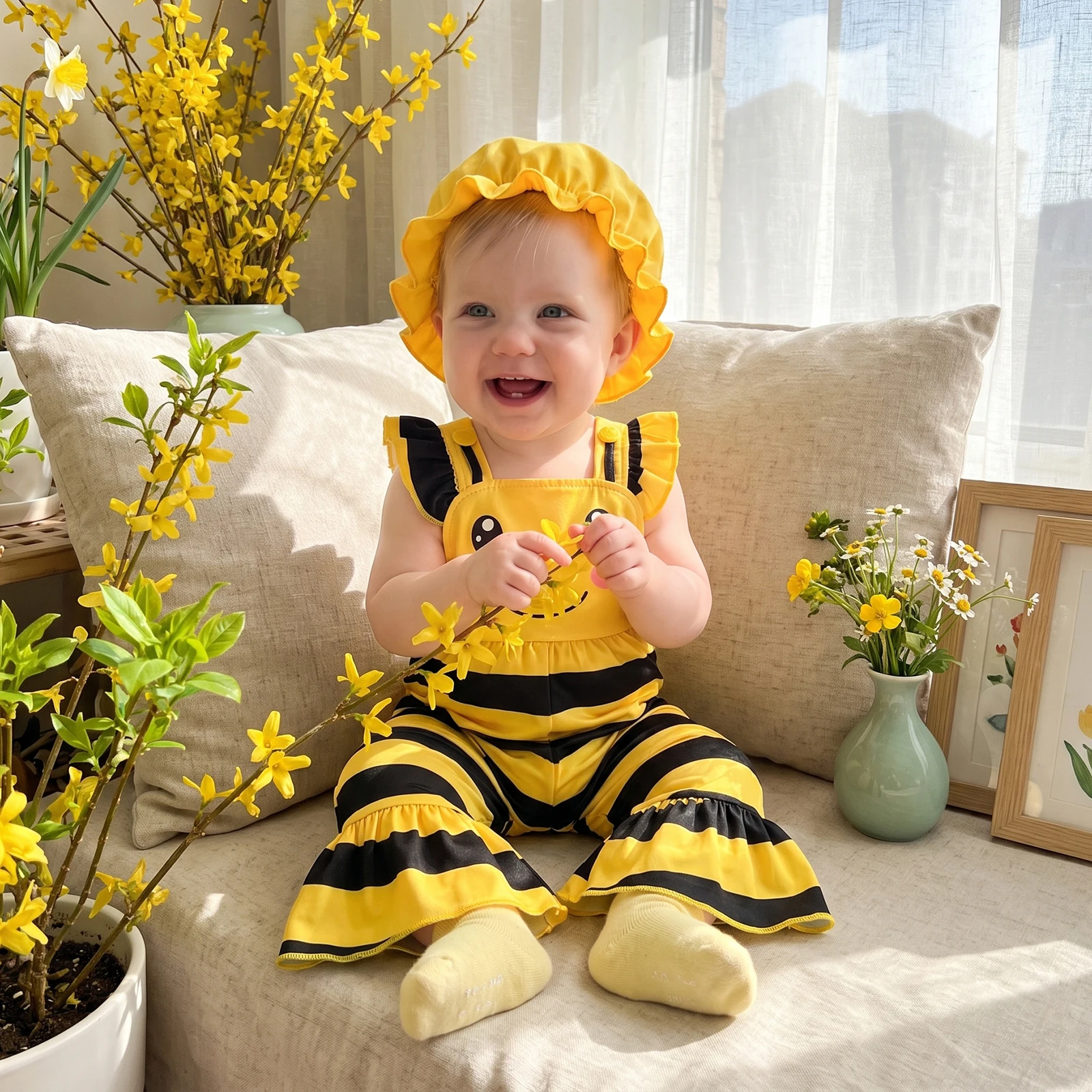 Girls Jumpsuit Bee Costume Ruffle Elastic Waistband Stripes Print Overalls Cute Kids Jumpsuits Halloween Photography Clothes