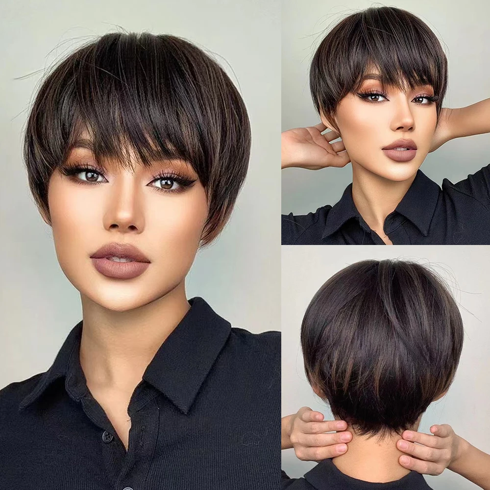 Short Brown Highlight Wig for Women, Pixie Cut