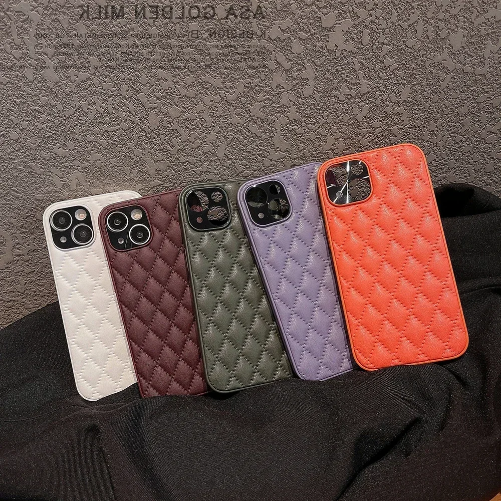 Custodia per telefono con finiture in pelle PU con reticolo rombico per iPhone 16 15 14 Plus 13 12 11 Pro Max Cover posteriore con telaio in TPU morbido