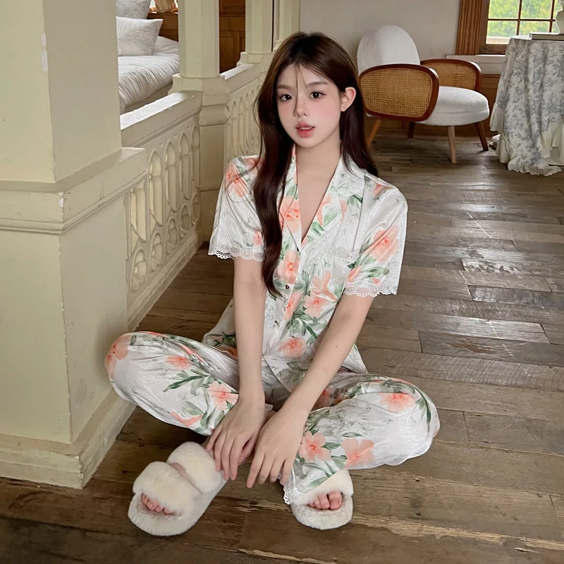 Fashionable Two-piece Loungewear Ice Silk Women Pajamas Summer Soft Thin Herringbone Sweet Breathable High Quality Pyjamas Sets