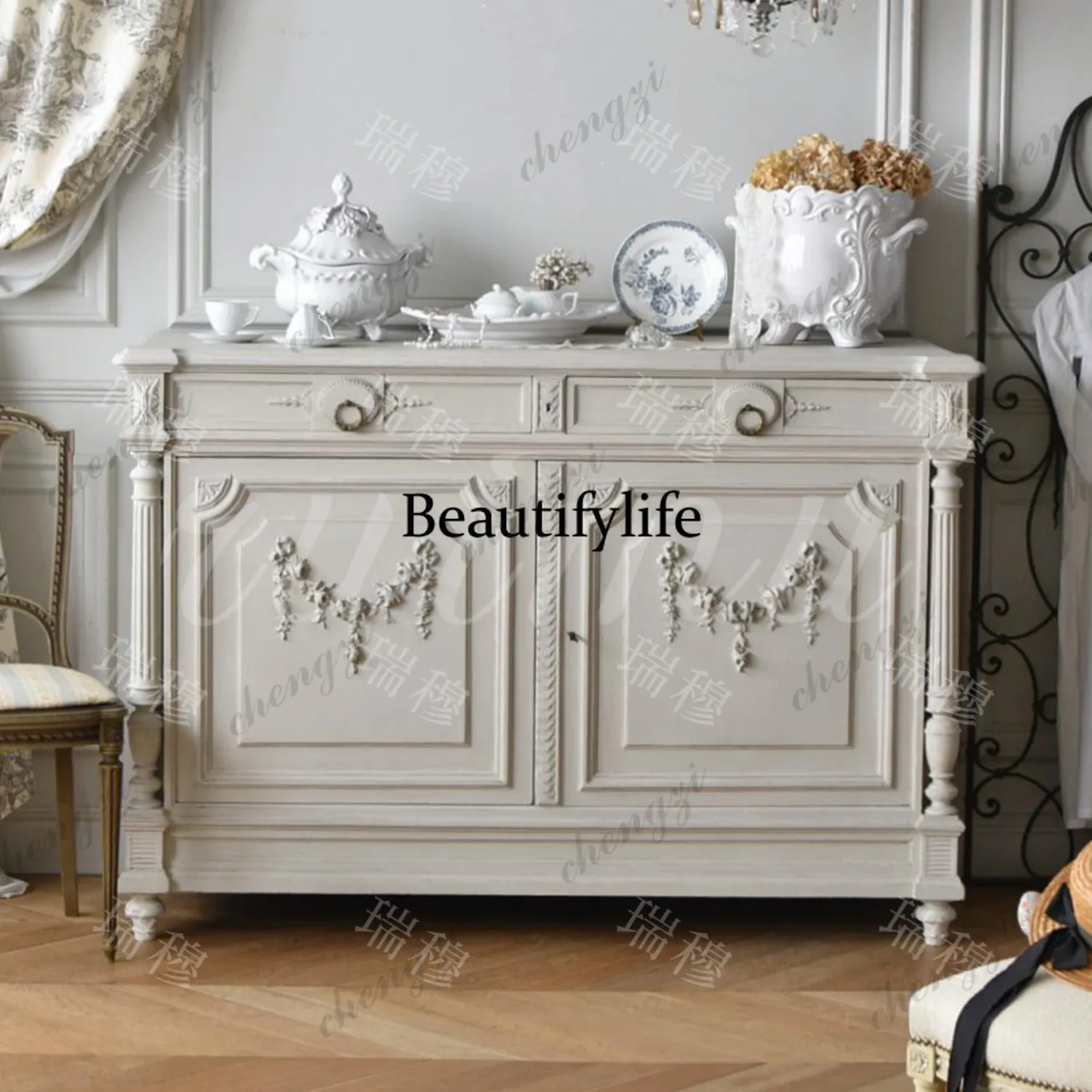 French three-dimensional carved solid wood dining side cabinet American retro storage cabinet
