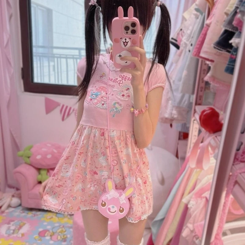 Japan Kawaii Y2K Cartoon Kaninchen Druck Lolita Kleider Frauen Harajuku Rosa Schleife Kurzarm Kleid 2025, Ropa Mujer Party Mini Kleid
