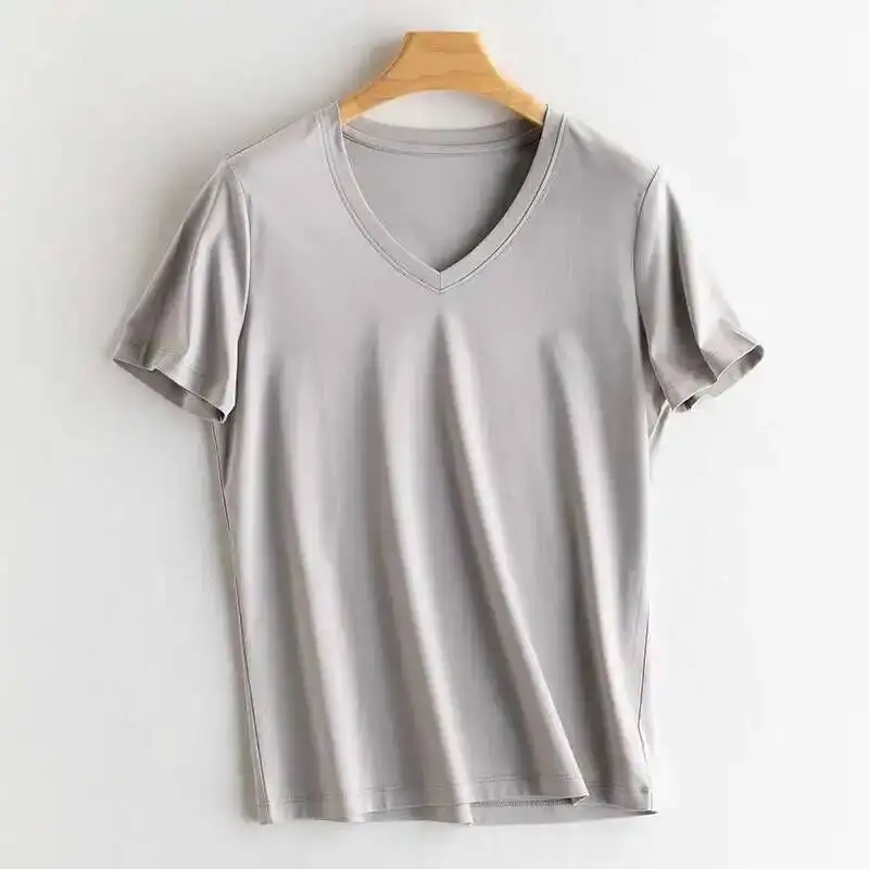 2022 Zachte Moerbei Zijde Katoenen T-Shirts Dames Losse Ronde Hals Korte Mouw T-Shirts Effen Kleur Zomer Tops Hoge Kwaliteit