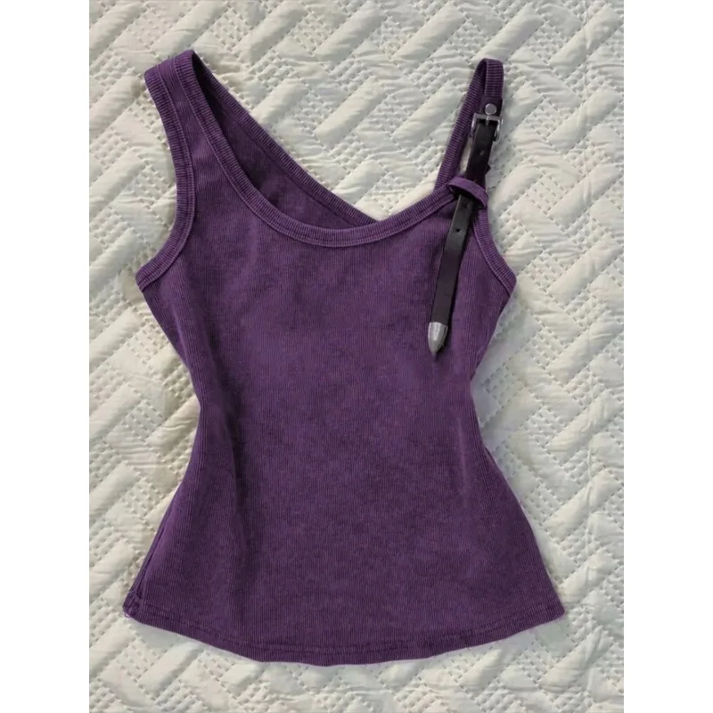 Women's Purple Asymmetric Tank Top Adjustable Strap Slim Fit Knit Camisole