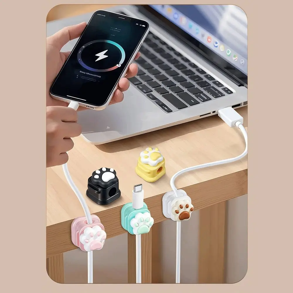 5 pçs bonito organizador de cabo de mesa magnético auto-adesivo 3d gato garra cabo clipe fivela linha de carregamento enrolador