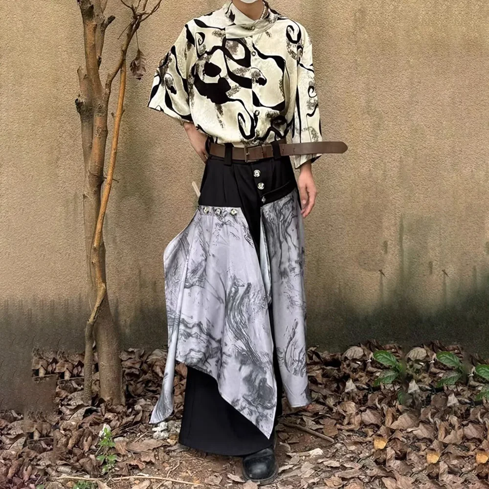 Culottes Irregular Classic Ink Tie-Dye Casual Hakama Culottes Contrast  Streetwear Wide-Leg Pantskirt Men'S Clothing Unisex 2024