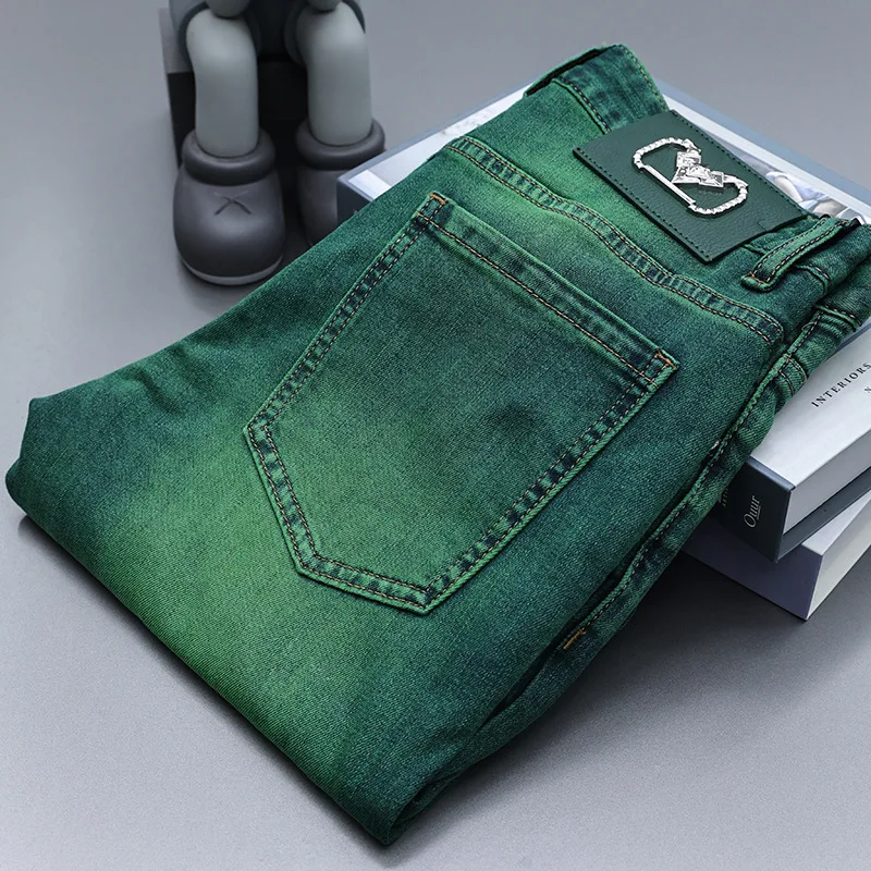 Emerald green jeans men's high-end affordable luxury fashion slim fit stretch personality all-matching straight long pants