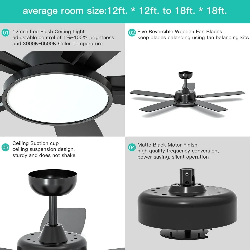 Imagem -03 - Inteligente Ventilador de Teto com Luz Ultra Silencioso Motor dc Reversível Controle Remoto Compatível com Alexa Google Home Preto 52 cm