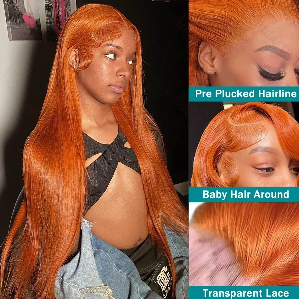 Pelucas de cabello humano con frente de encaje 13x4 de color naranja profundo, pelucas de 180% de densidad, cabello humano 100%, pelucas de uso mientras de compras es una gran calidad del cabello