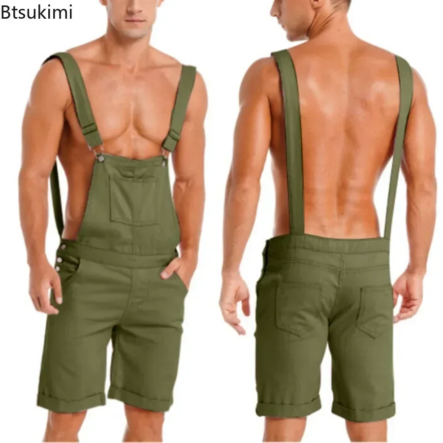 Fashion New Men\'s Vintage Overalls Jumpsuit Cargo Work Short Pants Summer Loose Casual Romper Men Bib Stitch Trousers Streetwear