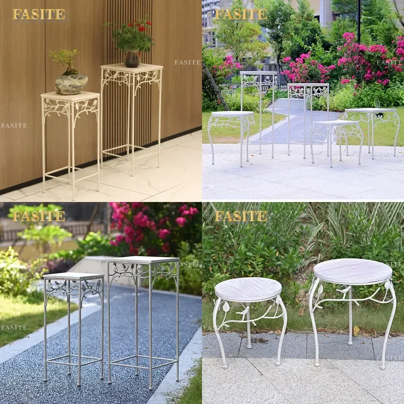 For Garden Balcony Wrought Iron Outdoor Stair Railing Solid Wood Flower Stand Round Stool Floor Square Courtyard Style Decor