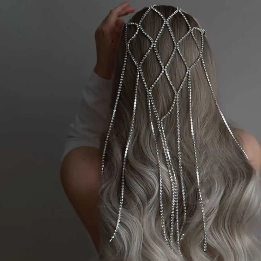 

Elegant Tassel Headdress Long Chain Multi Layer Mesh Headband Hollow Out Rhinestone Inlaid Bridal Headpiece Headband Accessories