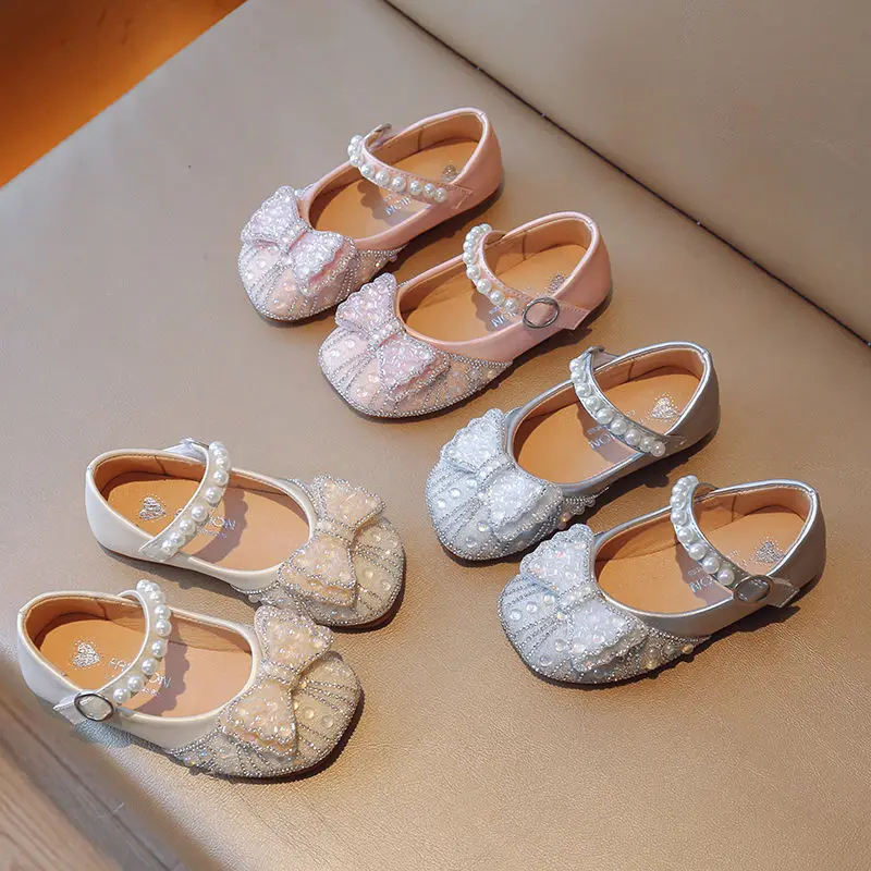 Girls' Shoes 2024 Spring/summer New Korean Version of Little Girl Princess Shoes Children's Bow Crystal Performance Shoes