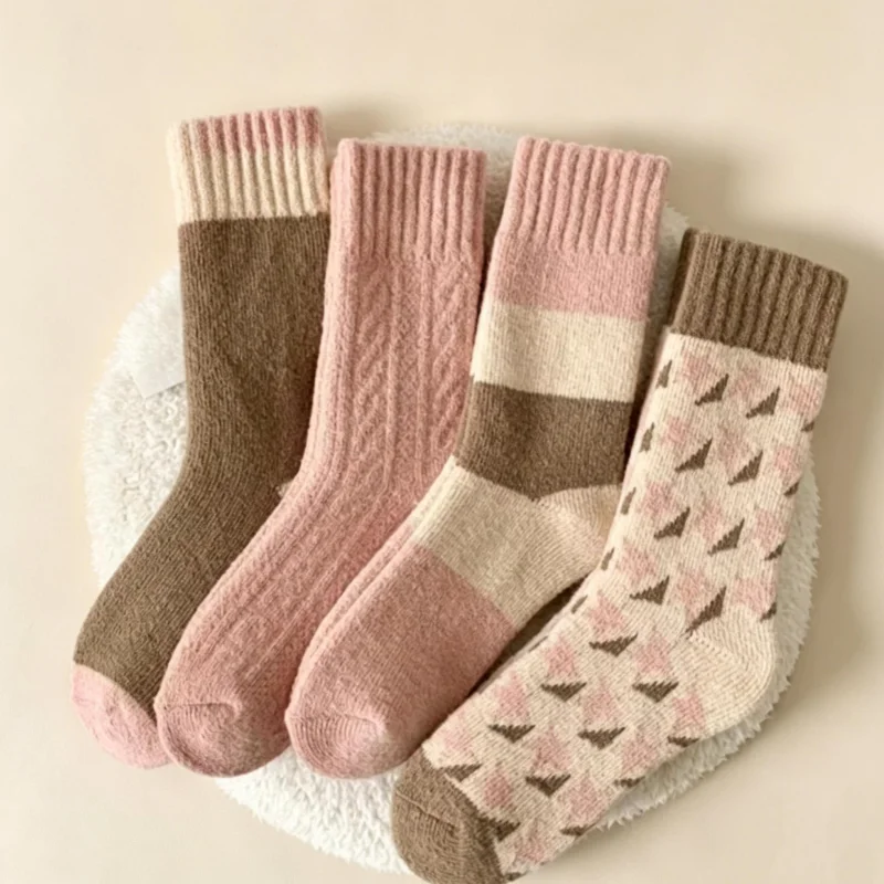 4 Pairs of Socks in Random Colors, Trendy Mid-Calf Socks with Color-Blocking and Patterned Terry Design, Stretchy and Comfortable, Skin-Friendly, Great Holiday Gift