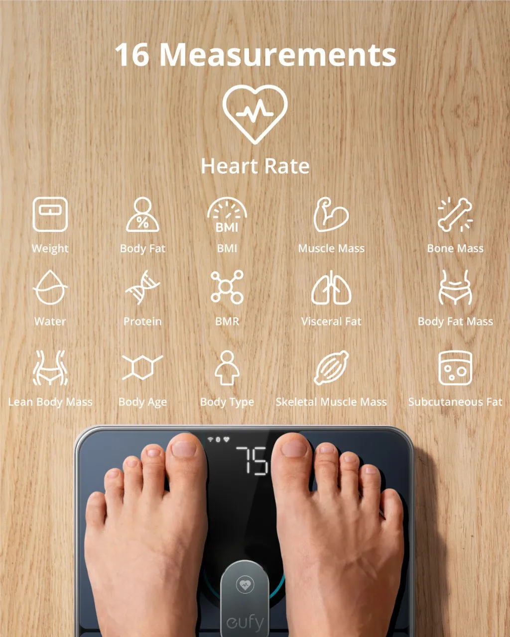 Eufy-báscula inteligente P2 Pro, balanza de baño Digital, WiFi, Bluetooth, 16 medidas que incluyen peso, frecuencia cardíaca, grasa corporal