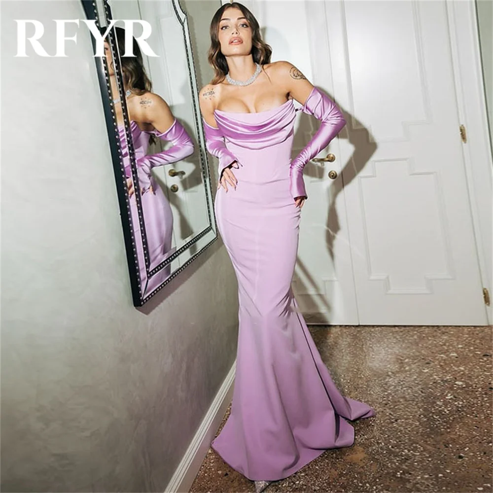 

RFYR Purple Evening Dress For Party Satin Scoop Off The Shoulder Pleats Mermaid Prom Gowns Train Celebrity Dresses Customized