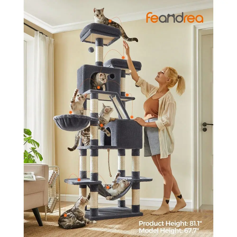 

Cat Tree, 81.1Inch Large Cat Tower With 13 Scratching Posts, 2 Perches, 2 Caves, Basket, Hammock, Pompoms, MultiLevel Plush Cat