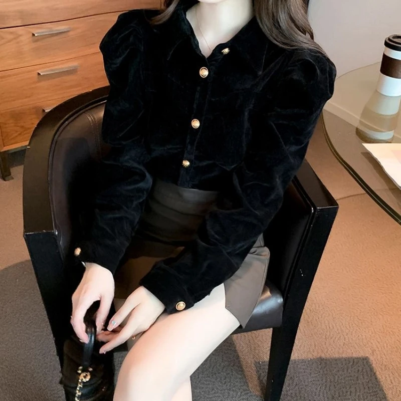 

Polo Neck Long Sleeve Button Temperament Blouse Women Clothing Spring Autumn Solid Gold Velvet Elegant Shirt Tops Fashion Office