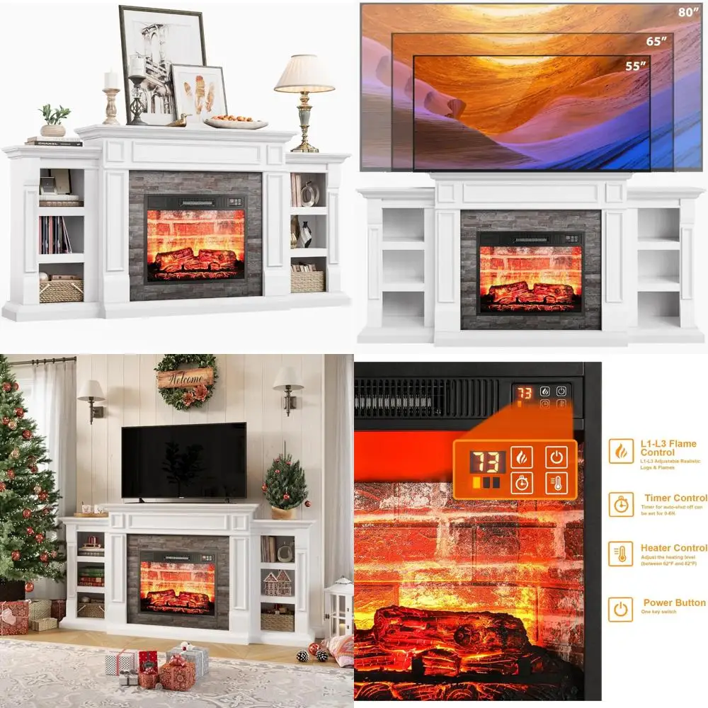 حامل تلفزيون حديث 72 مدفأة كهربائية، مركز ترفيهي مع مساحة تخزين لأجهزة التلفاز حتى 80