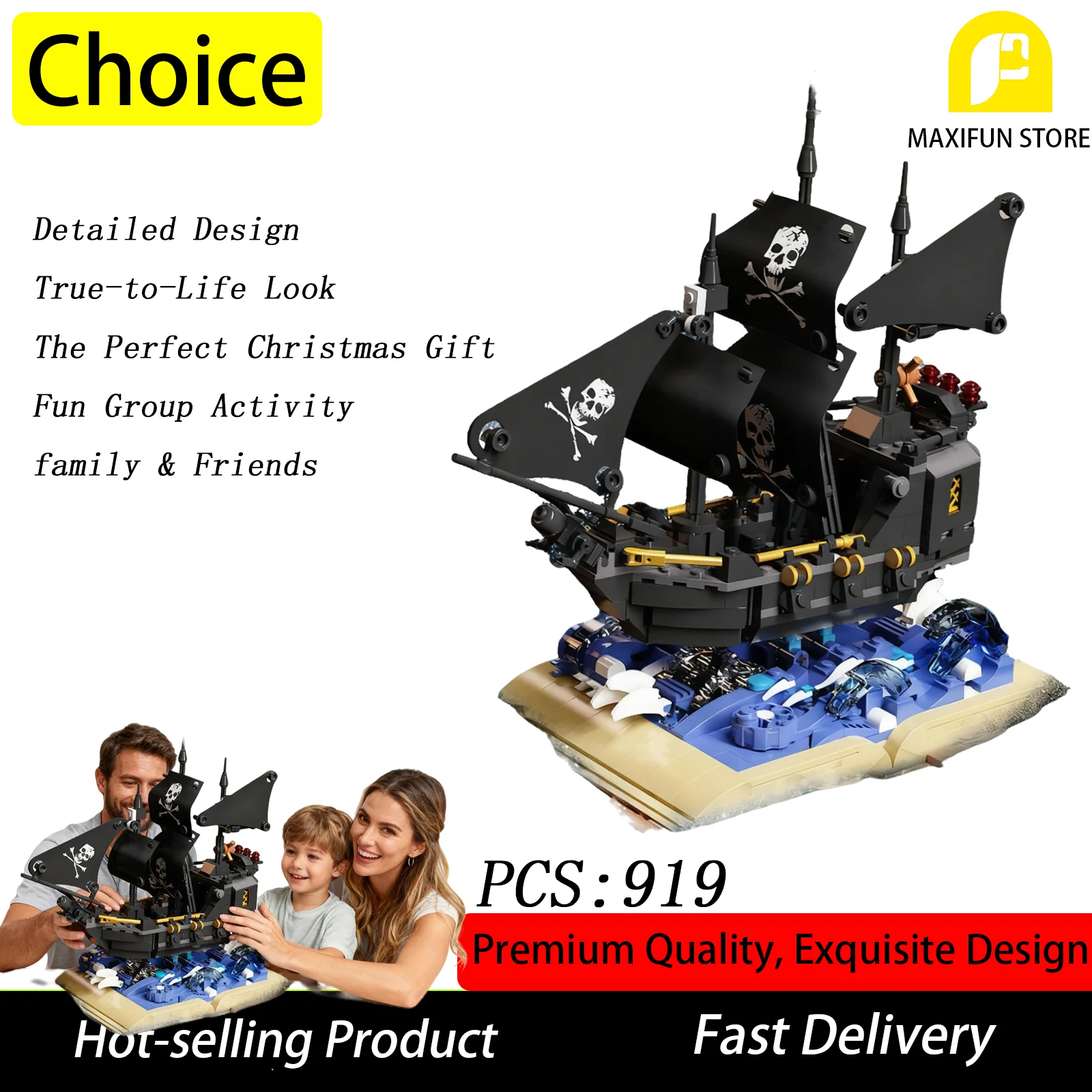 

919PCS Black Pearl Pirate Ship Building Blocks Set MOC Model Kit for Adults Kids DIY Sailing Boat Desktop Decor Christmas Bir