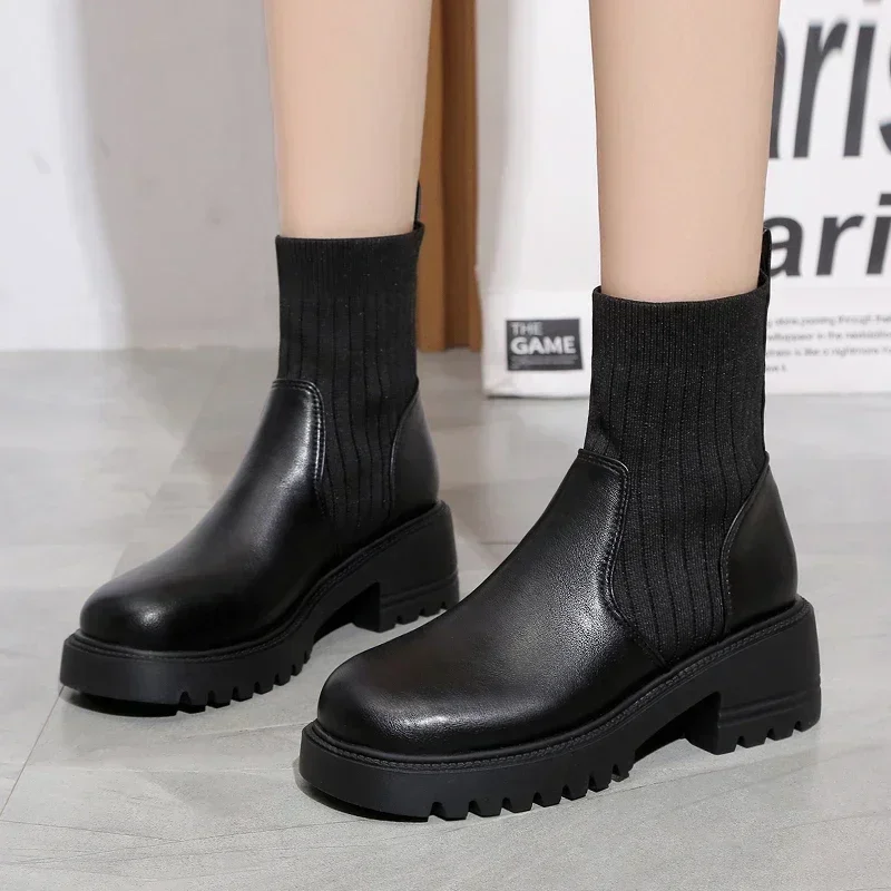 Nowa jesienno-zimowa moda damska Chelsea Boots Female PU Leather High Heels Boots Platform Shoes Ladies Knitted Sexy Ankle Boots