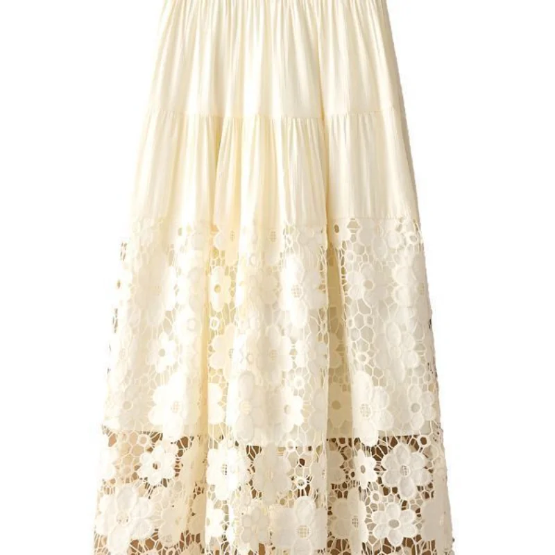 Jupe mi-longue en dentelle ajourée, Vintage, assortie avec tout, jupe longue de tempérament de couleur unie brodée et épissée, taille haute, été
