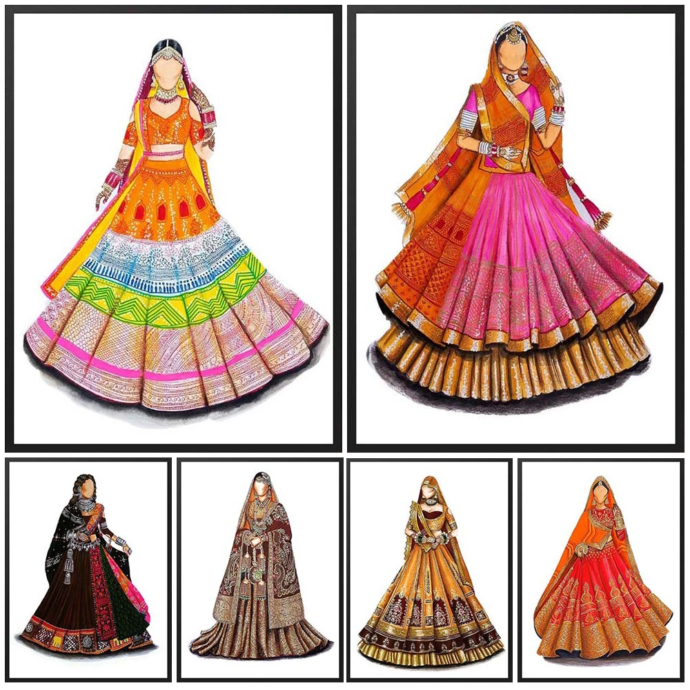 Cartoon Ethnic Costumes Girl Model Poster Wall Art Canvas Painting Home Decor Wall Pictures For Living Room Unframed