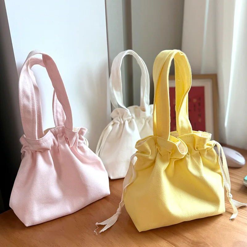 Custom logo drawstring canvas bag foldable reusable shopping handbag large capacity solid color drawstring lunch box lunch bag