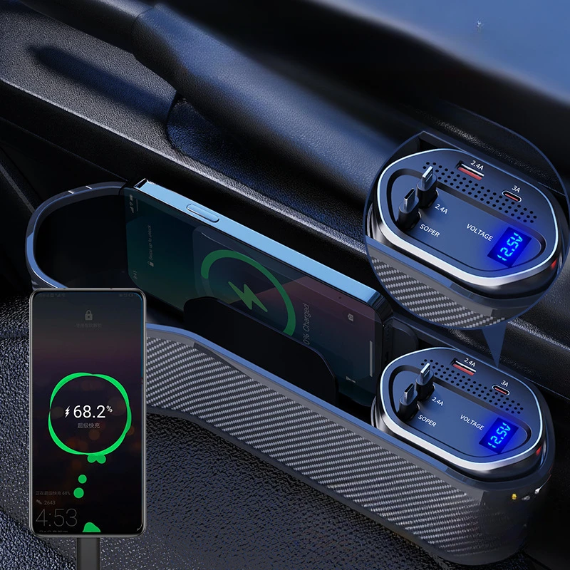 Multifunctional Car Seat Organizer With Cup Holder Console Side Pocket Support IOS TypeC Wireless Charging Cigarette Lighter USB