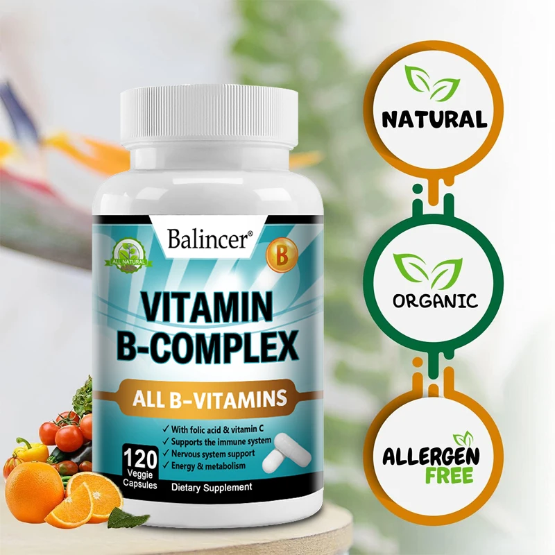 Vitamin B Complex Vitamins B1, B2, B3, B5 and B12, Energy, Metabolism, Immune and Nervous System Support