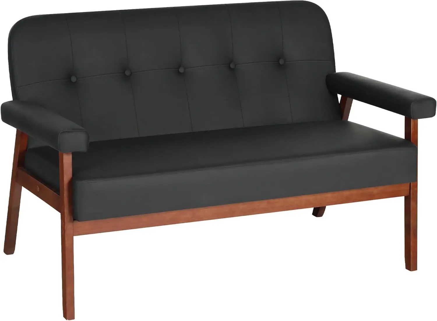 Sthouyn 50”W Black Faux Leather Small Office Couch Loveseat Sofa With Wood Arms, Mid Century Modern Love Seat Sofas Lounge