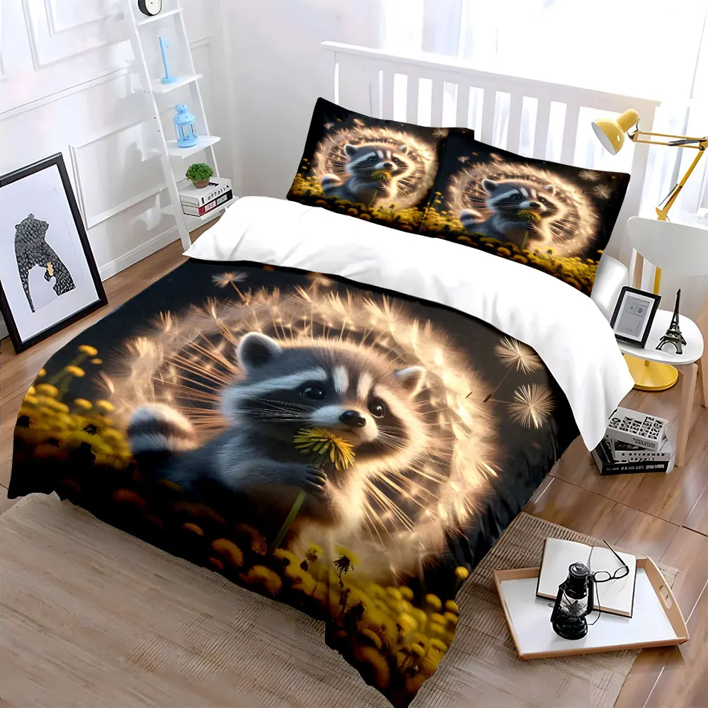 Cute raccoon holding dandelion Print Bedding Set 1 Duvet Cover 2 Pillowcases for Adult and Children Luxury Gift Full Size