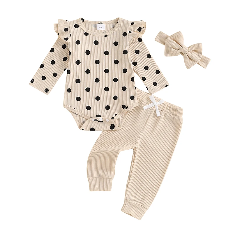 

Baby Girls Fall Outfit, Long Sleeve Dots Print Romper with Pants and Bowknot Headband Clothing Set