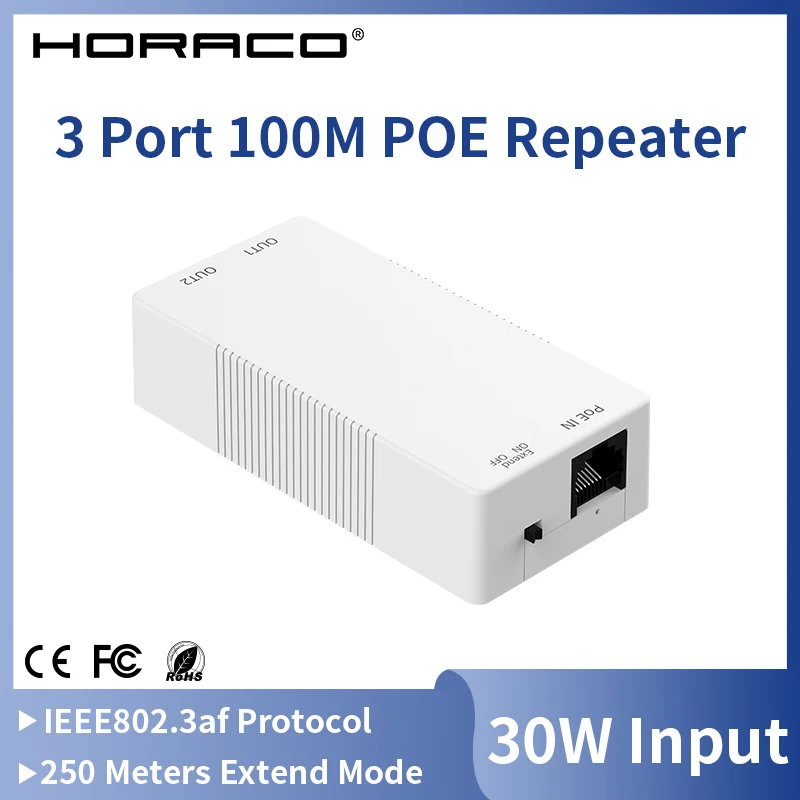 HORACO 2 Port 100M POE Repeater 1 to 2 PoE Extender with IEEE802.3af/at 4KV Lighting Protection Plug&Play 48V 30W for Camera AP