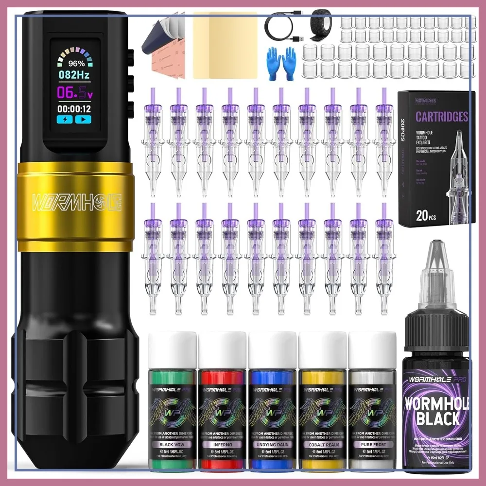 

Professional Wireless Tattoo Gun Kit – Rechargeable 1800mAh Battery, Ink, Needles & Supplies for Beginners & Pros